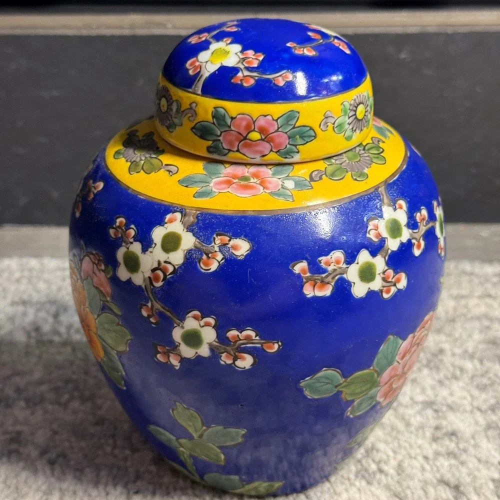 Vintage Made in Japan‎ Ginger Jar Cobalt Blue Yellow Parrot Cherry Blossom 6.5